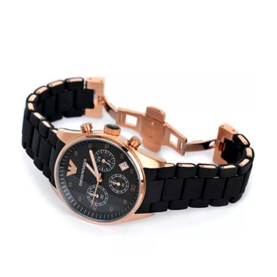 men's black and rose gold silicone chronograph emporio armani watch ar5905